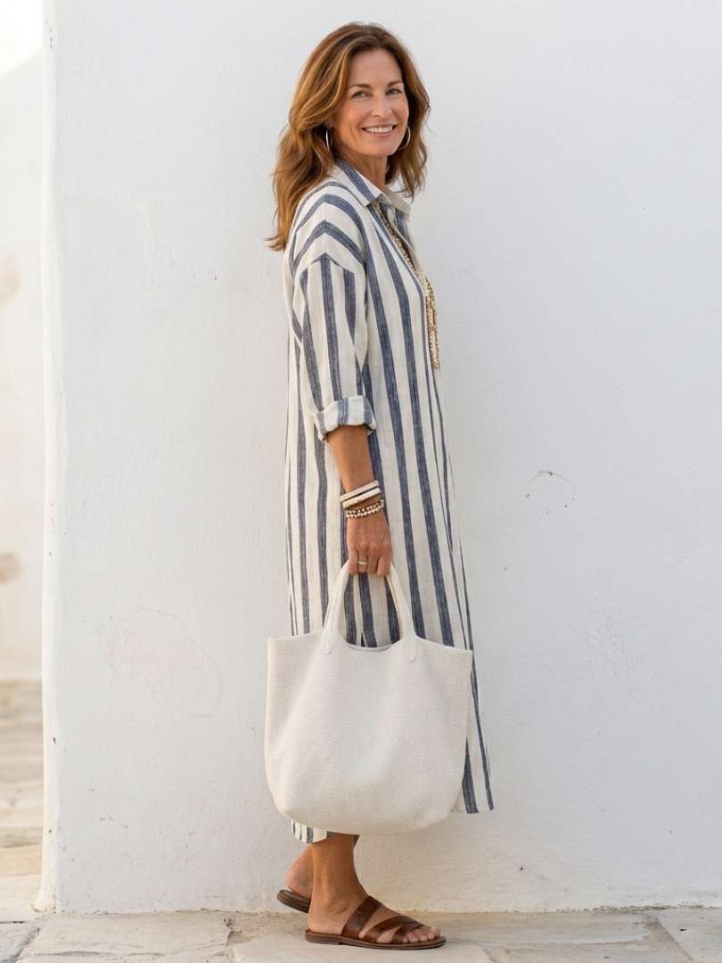 Damen-Midikleid mit langen Ärmeln und Streifen – Klassisch-lässig-eleganter Stil