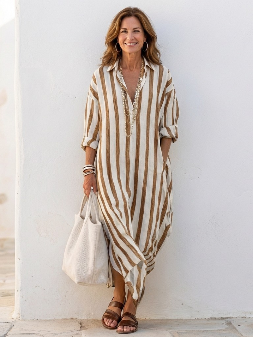 Damen-Midikleid mit langen Ärmeln und Streifen – Klassisch-lässig-eleganter Stil