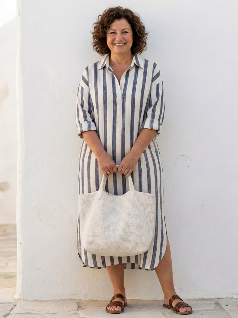 Damen-Midikleid mit langen Ärmeln und Streifen – Klassisch-lässig-eleganter Stil