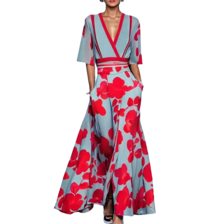 Damen Kleid Mit Blumenmuster Und V Ausschnitt