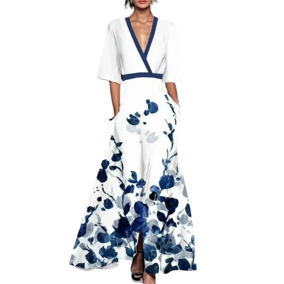 Damen Kleid Mit Blumenmuster Und V Ausschnitt
