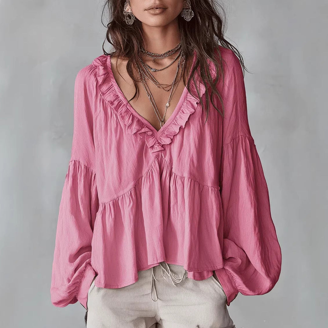 Damen Fließendes Oberteil Mit Raffungen Und V-Ausschnitt – Locker Elegante Bluse