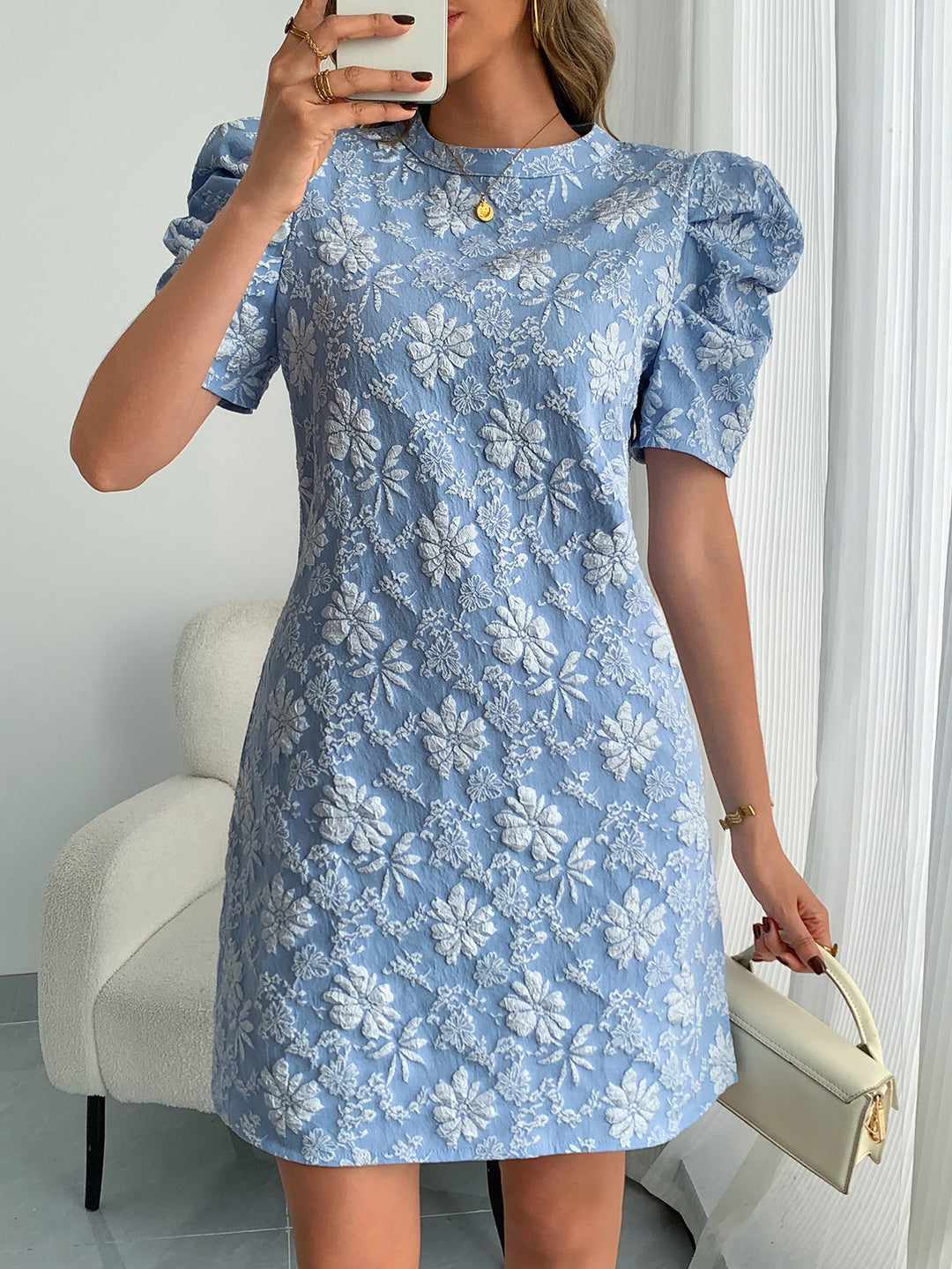 Damen Elegantes Blaues Strukturiertes Florales Minikleid – Stilvolle Party Mode