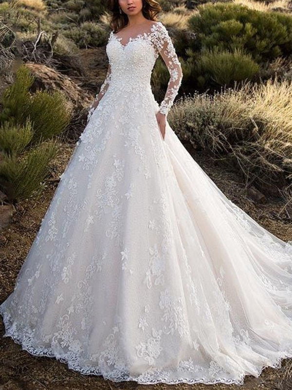 Damen Elegantes Spitzenbesetztes Hochzeitskleid Mit Voluminösem Rock – Prinzessin Brautkleid