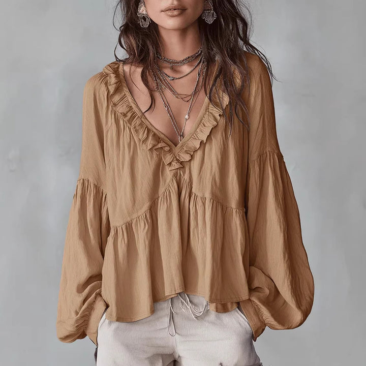 Damen Fließendes Oberteil Mit Raffungen Und V-Ausschnitt – Locker Elegante Bluse