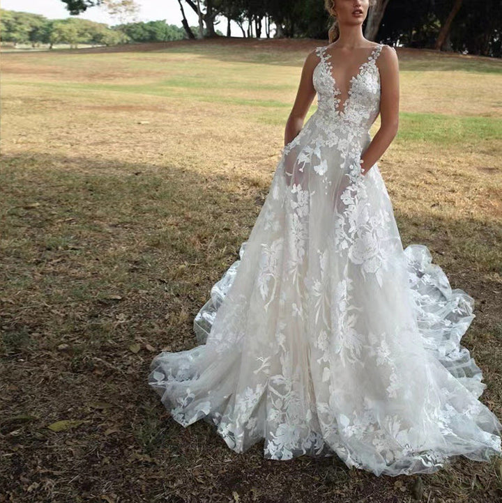 Damen V-Ausschnitt Ärmelloses Spitzen Fließendes Hochzeitskleid – Elegantes Brautkleid