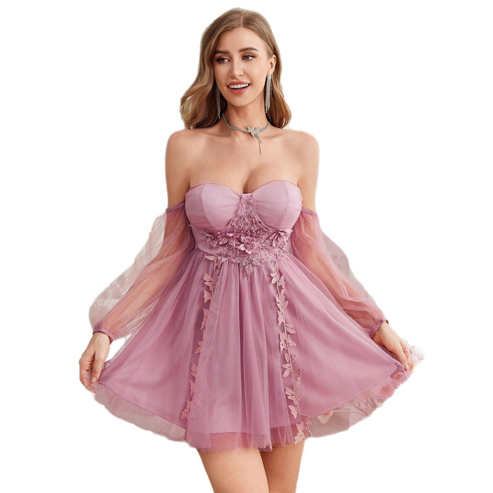 Damen Rosa Schulterfreies Meshkleid Mit Floralen Applikationen – Elegantes Partykleid