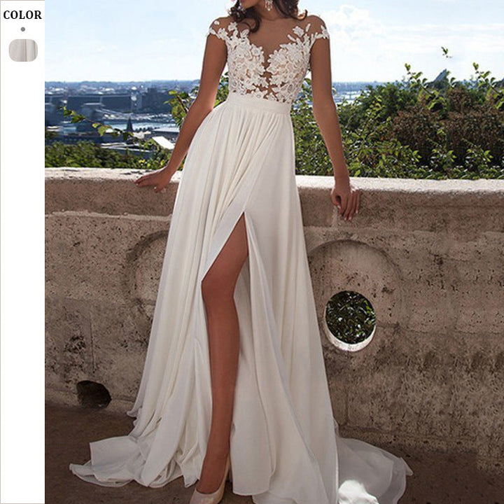 Damen Elegantes Spitzen-Oberteil Hochzeitskleid Mit Fließendem Rock – Brautkleid