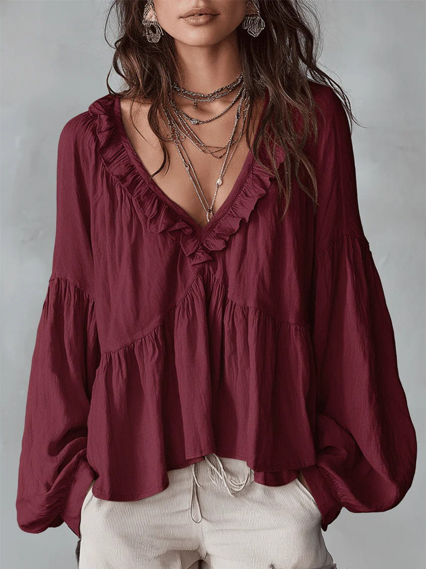 Damen Fließendes Oberteil Mit Raffungen Und V-Ausschnitt – Locker Elegante Bluse