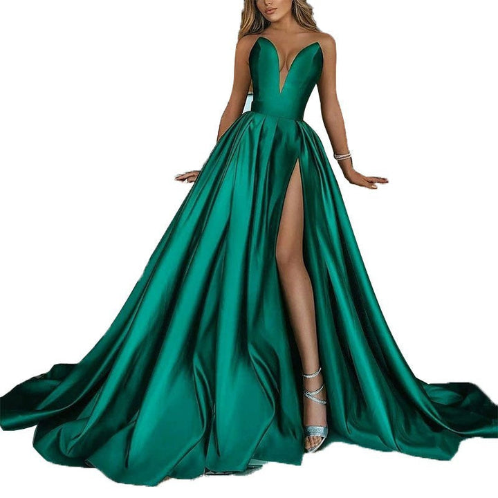 Elegantes Maxikleid mit tiefem V-Ausschnitt und hohem Schlitz für Damen – perfekt für Hochzeiten und andere festliche Anlässe
