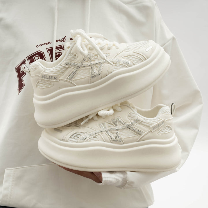 Damen Weiße Mesh Plattform Sneaker Mit Schnürung