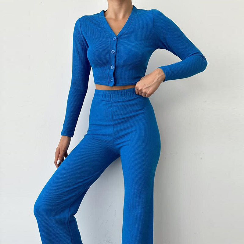Damen Enganliegendes Crop Top Und High Waist Hosen Set – Zweiteiler Mit Knöpfen