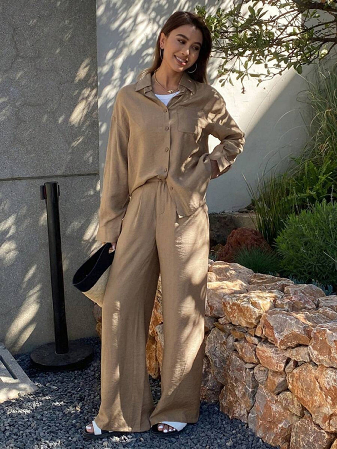 Damen Leinen Hemd Und Hosen Set – Lockeres Sommer Outfit