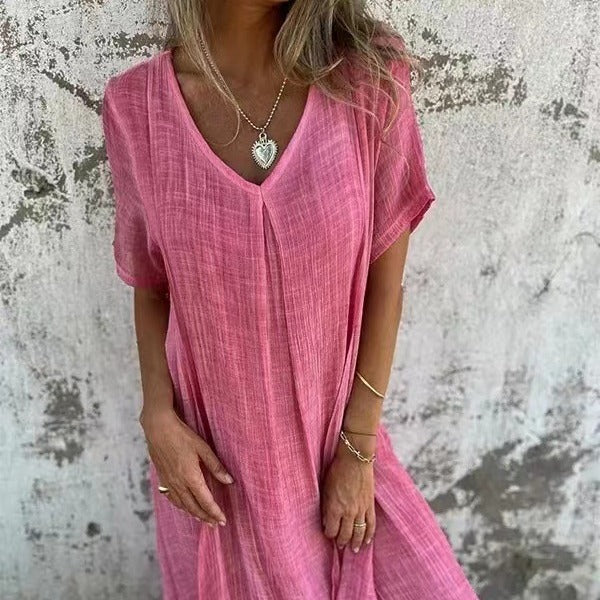 Damen Leinen Maxikleid Mit V-Ausschnitt