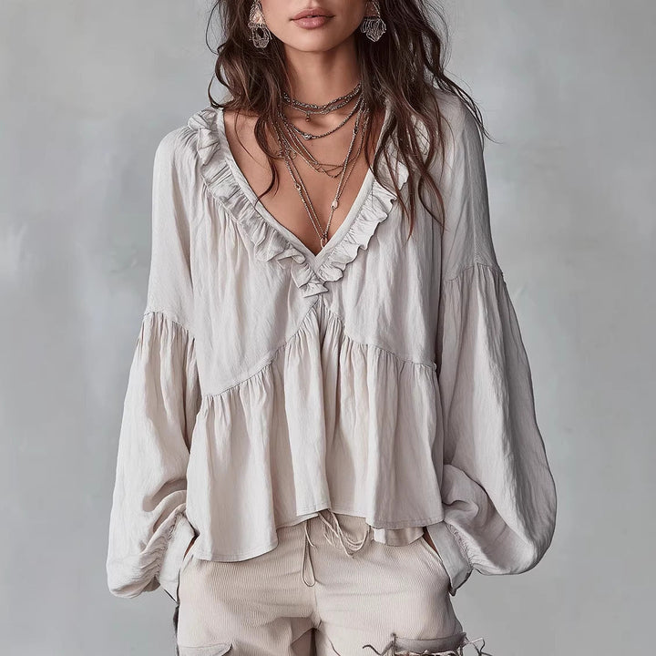 Damen Fließendes Oberteil Mit Raffungen Und V-Ausschnitt – Locker Elegante Bluse