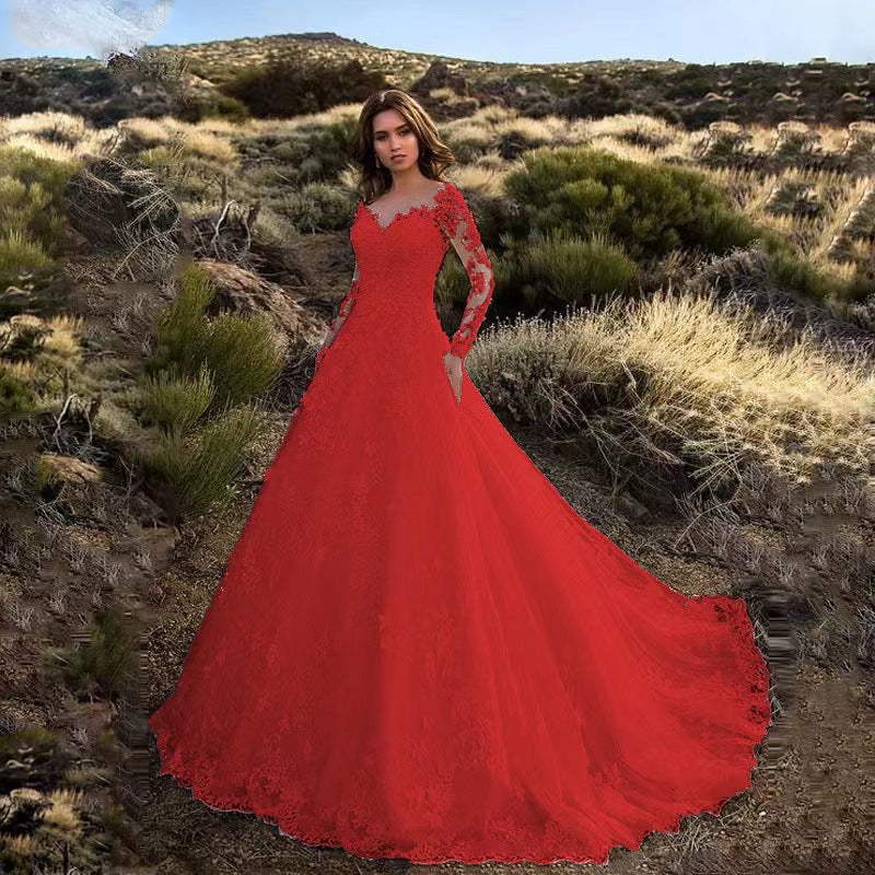 Damen Elegantes Spitzenbesetztes Hochzeitskleid Mit Voluminösem Rock – Prinzessin Brautkleid
