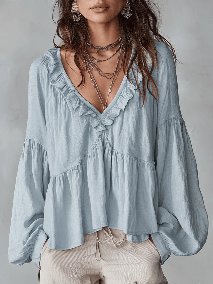 Damen Fließendes Oberteil Mit Raffungen Und V-Ausschnitt – Locker Elegante Bluse