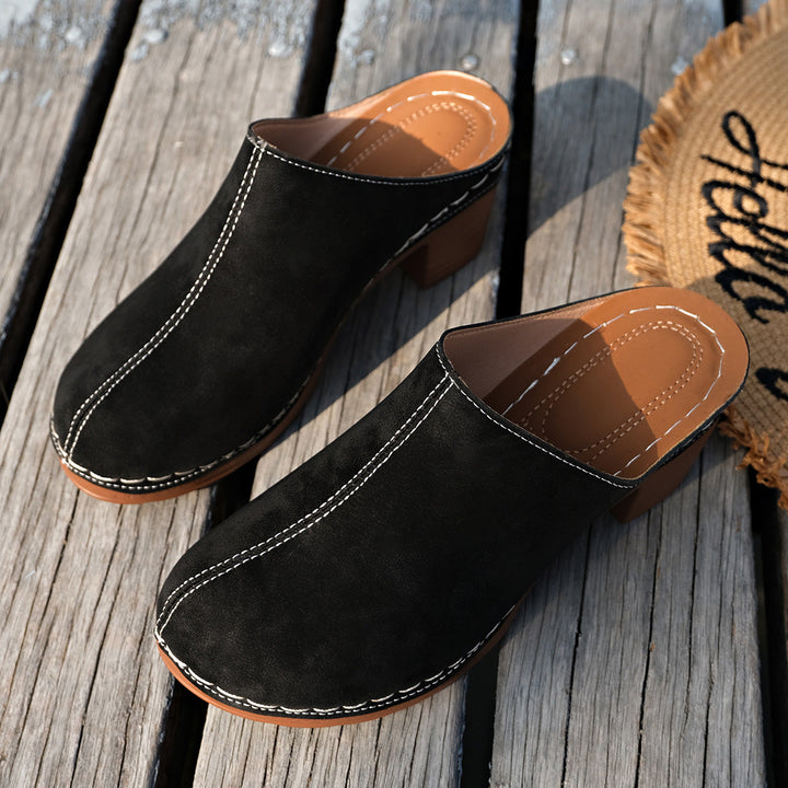 Damen Schwarze Wildleder-Optik Blockabsatz Mules Mit Weißer Naht