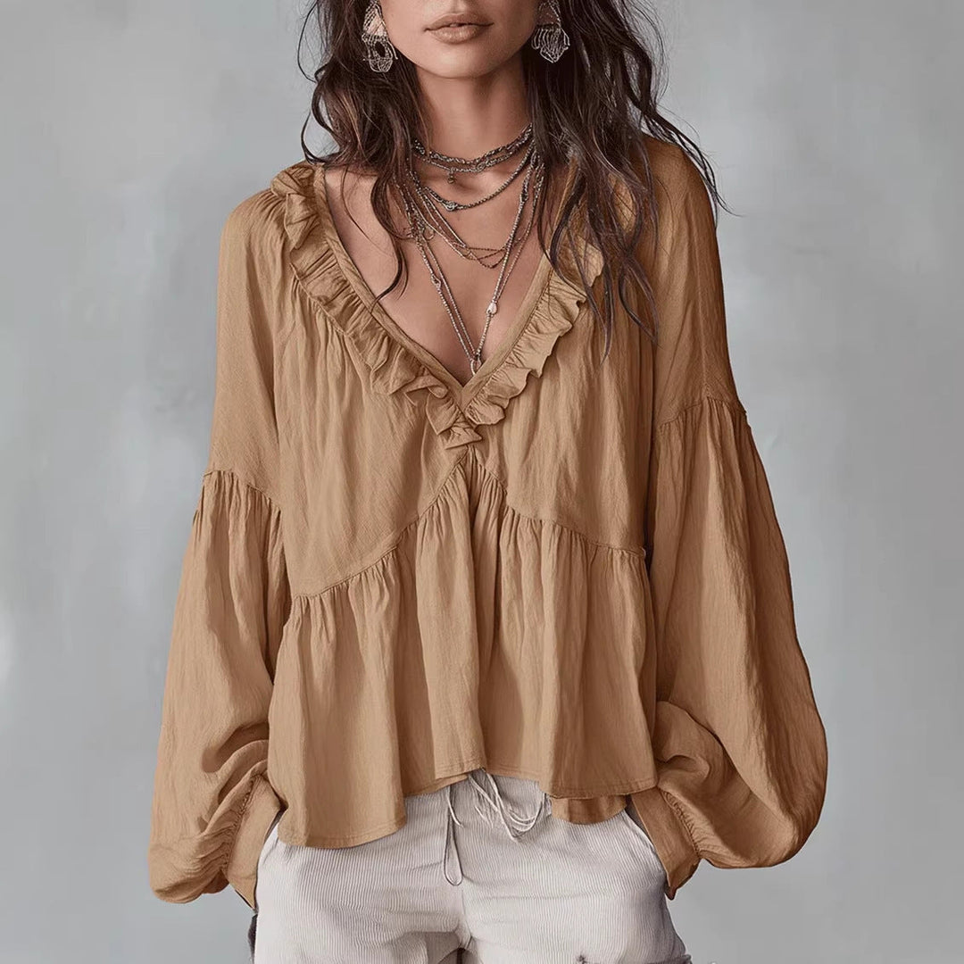 Damen Fließendes Oberteil Mit Raffungen Und V-Ausschnitt – Locker Elegante Bluse