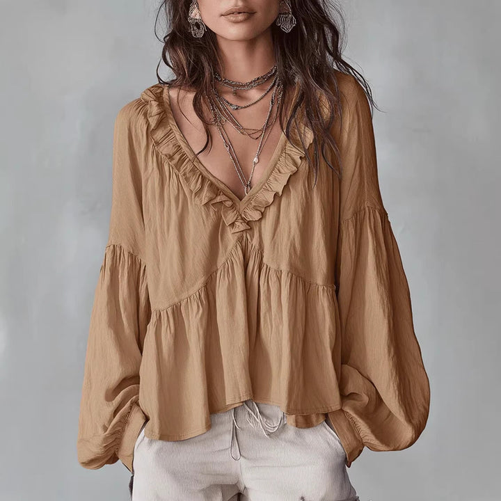 Damen Fließendes Oberteil Mit Raffungen Und V-Ausschnitt – Locker Elegante Bluse