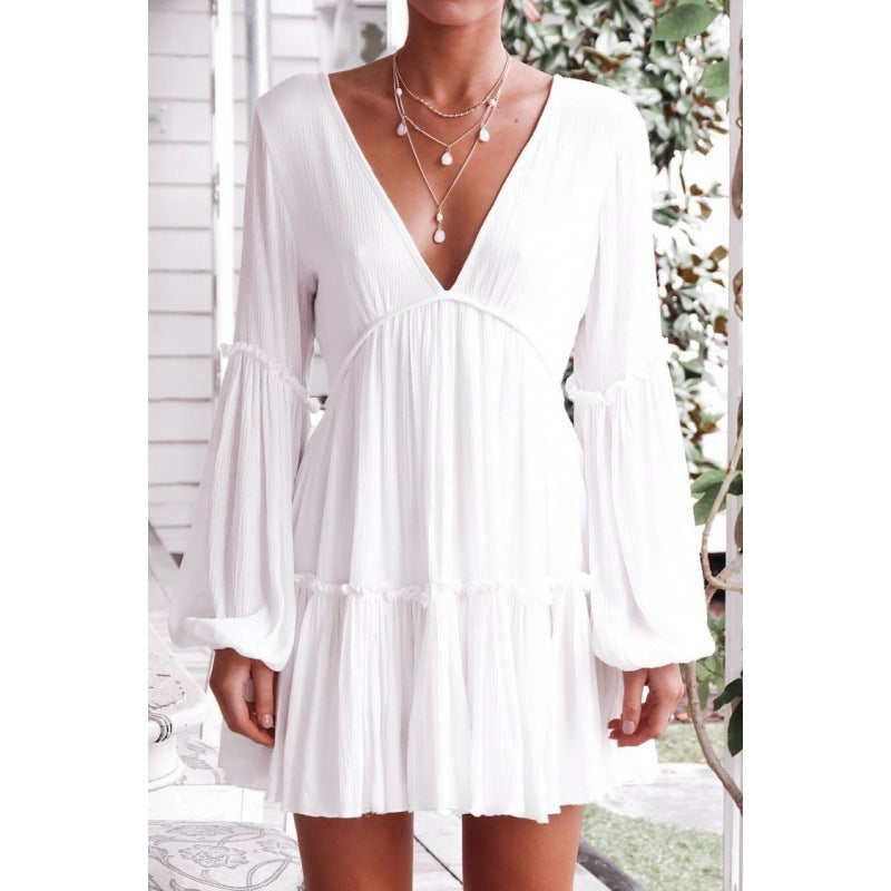 Damen Weiß Boho Strand Mini Kleid – Lockerer Ärmel Sommer Lässiges Kleid