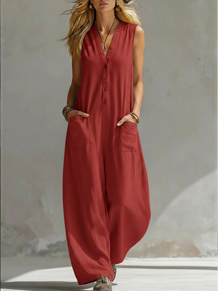 Damen Ärmelloser V-Ausschnitt Jumpsuit – Weites Bein Mit Taschen