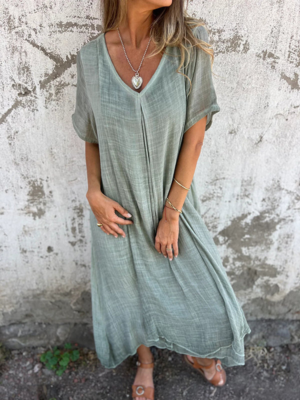 Damen Leinen Maxikleid Mit V-Ausschnitt