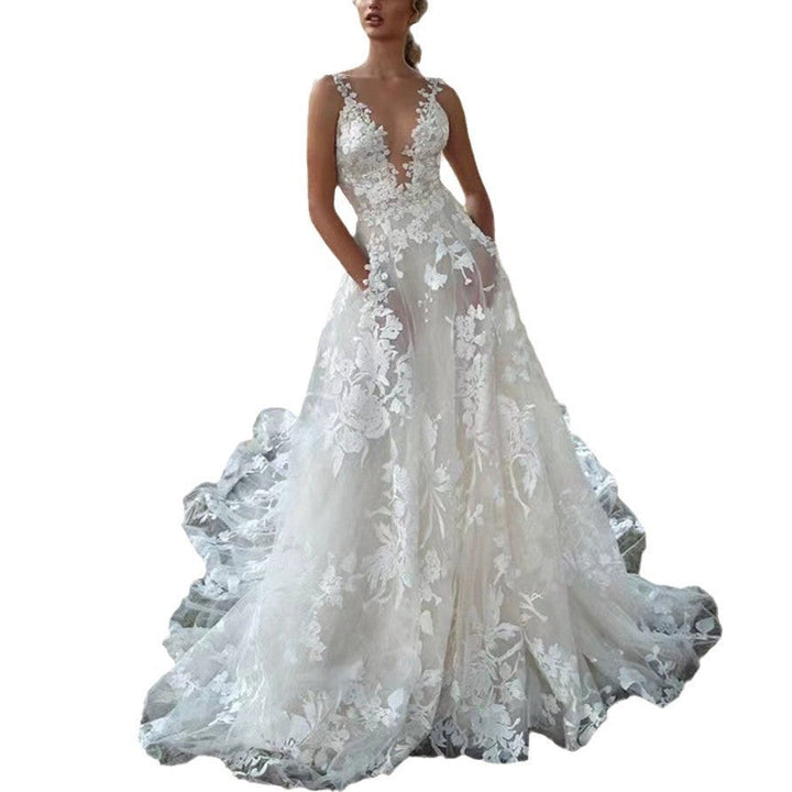 Damen V-Ausschnitt Ärmelloses Spitzen Fließendes Hochzeitskleid – Elegantes Brautkleid