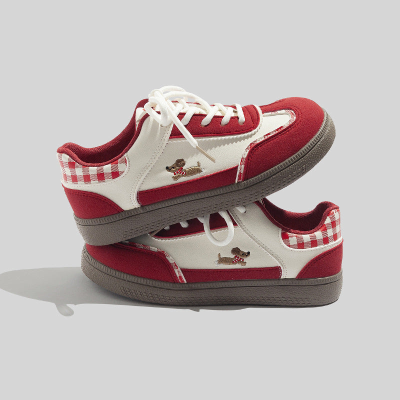 Damen Stilvolle Schnürbare Rote Sneaker Mit Karomuster Design