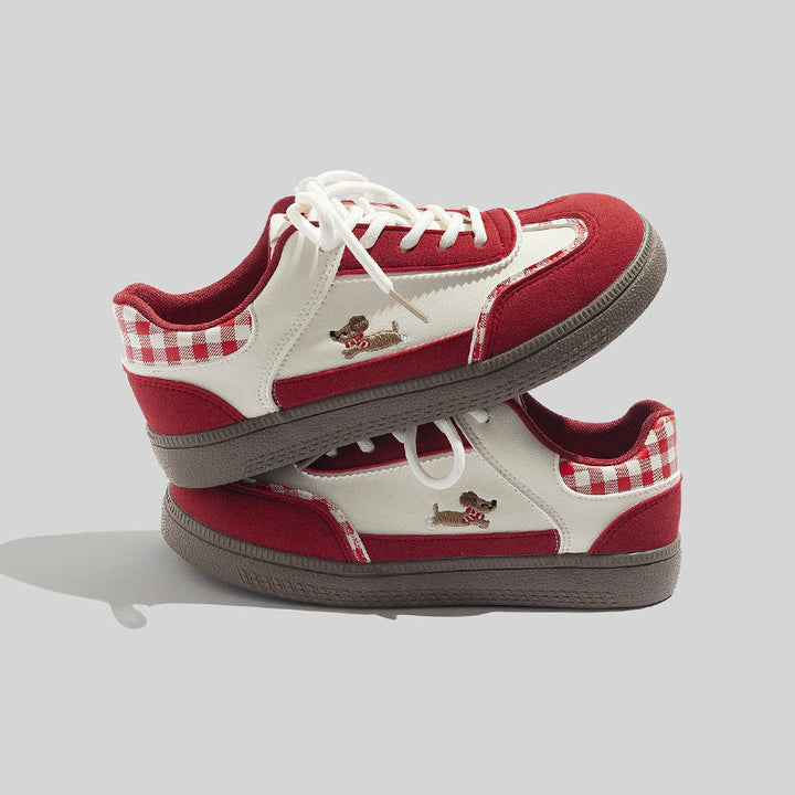 Damen Stilvolle Schnürbare Rote Sneaker Mit Karomuster Design