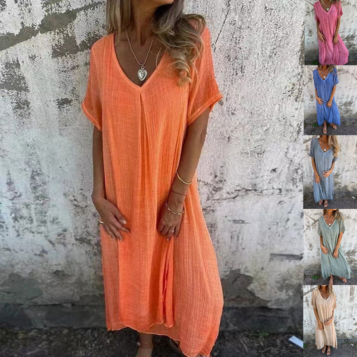 Damen Leinen Maxikleid Mit V-Ausschnitt