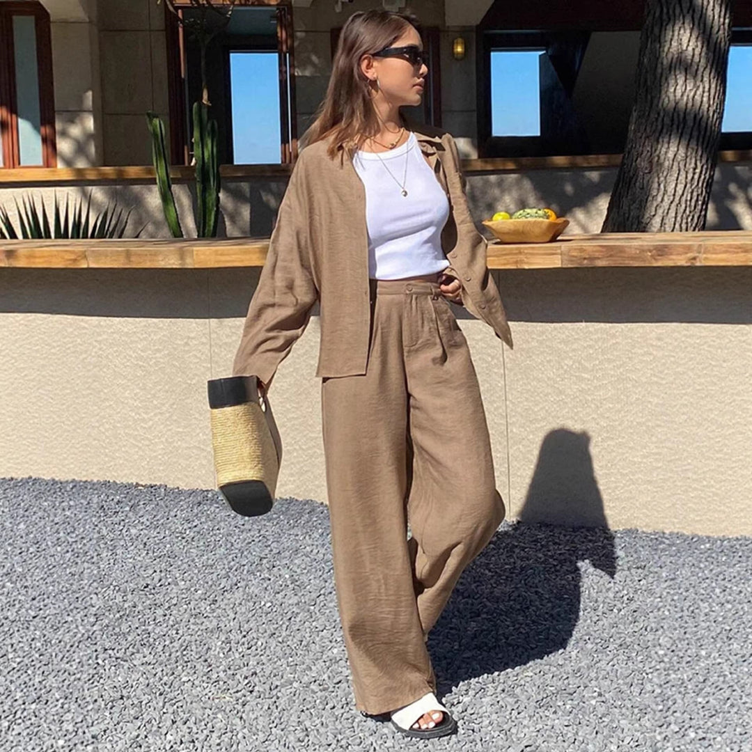 Damen Leinen Hemd Und Hosen Set – Lockeres Sommer Outfit