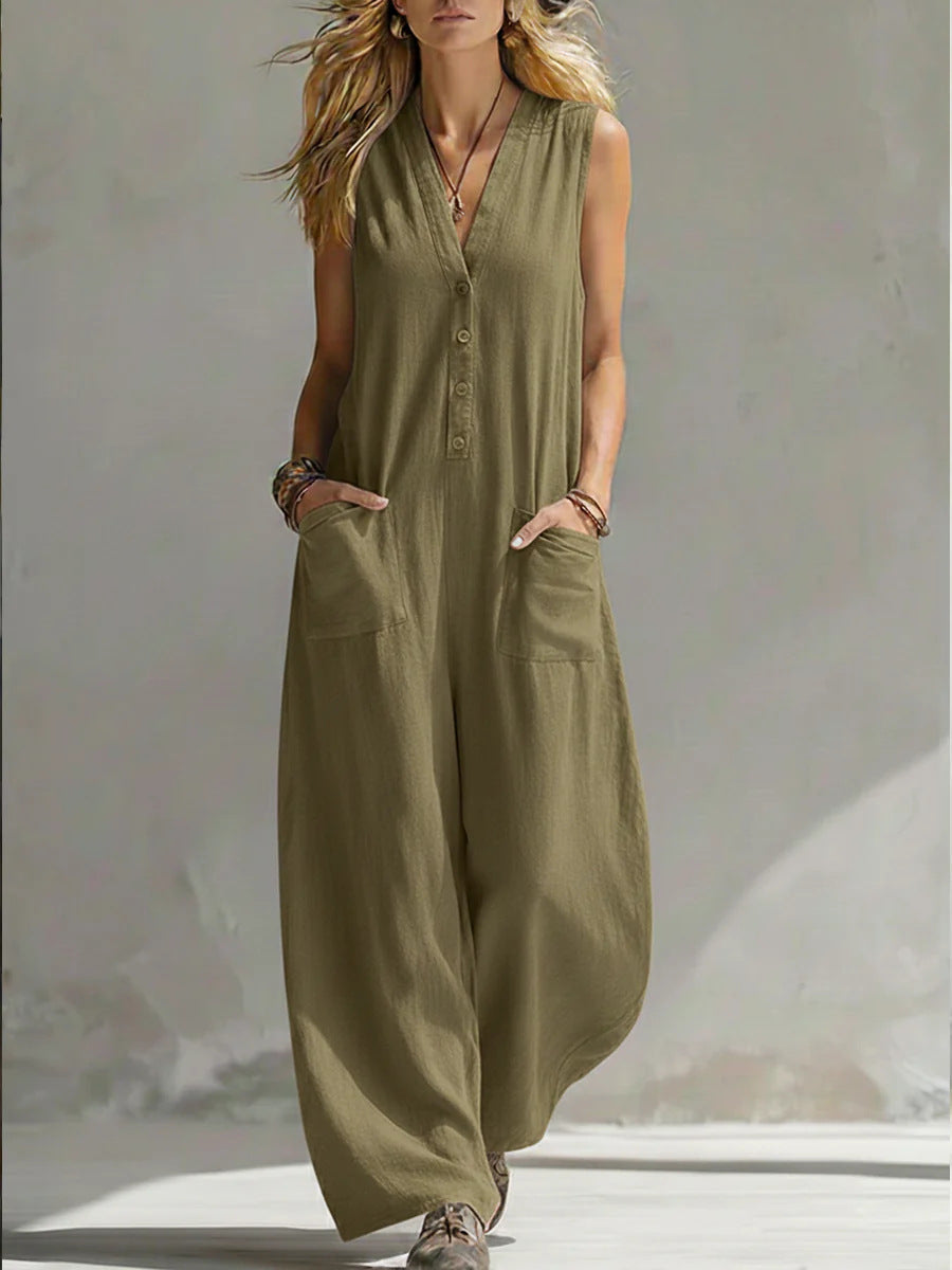 Damen Ärmelloser V-Ausschnitt Jumpsuit – Weites Bein Mit Taschen