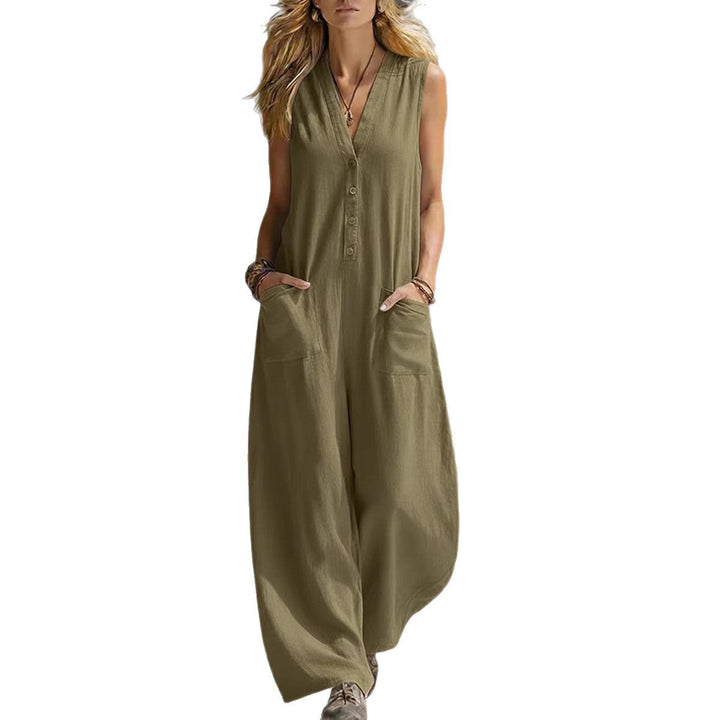 Damen Ärmelloser V-Ausschnitt Jumpsuit – Weites Bein Mit Taschen