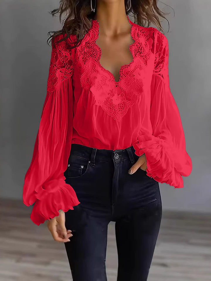 Damen Bluse Mit Langen Puffärmeln Und Spitze – Elegantes Vintage Oberteil