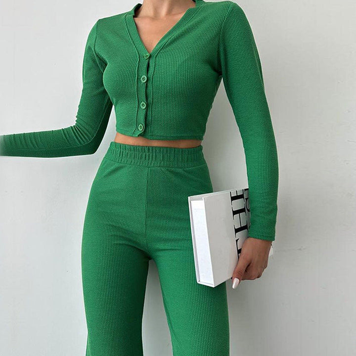 Damen Enganliegendes Crop Top Und High Waist Hosen Set – Zweiteiler Mit Knöpfen