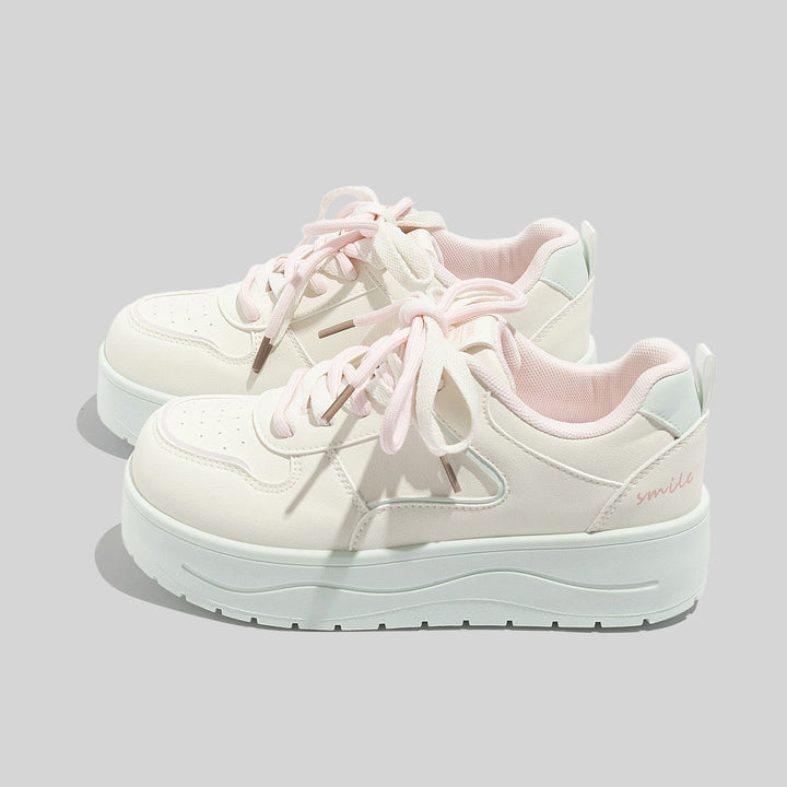 Damen Stilvolle Schnürbare Rosa Ledersneaker Mit Plateausohle