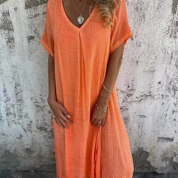 Damen Leinen Maxikleid Mit V-Ausschnitt