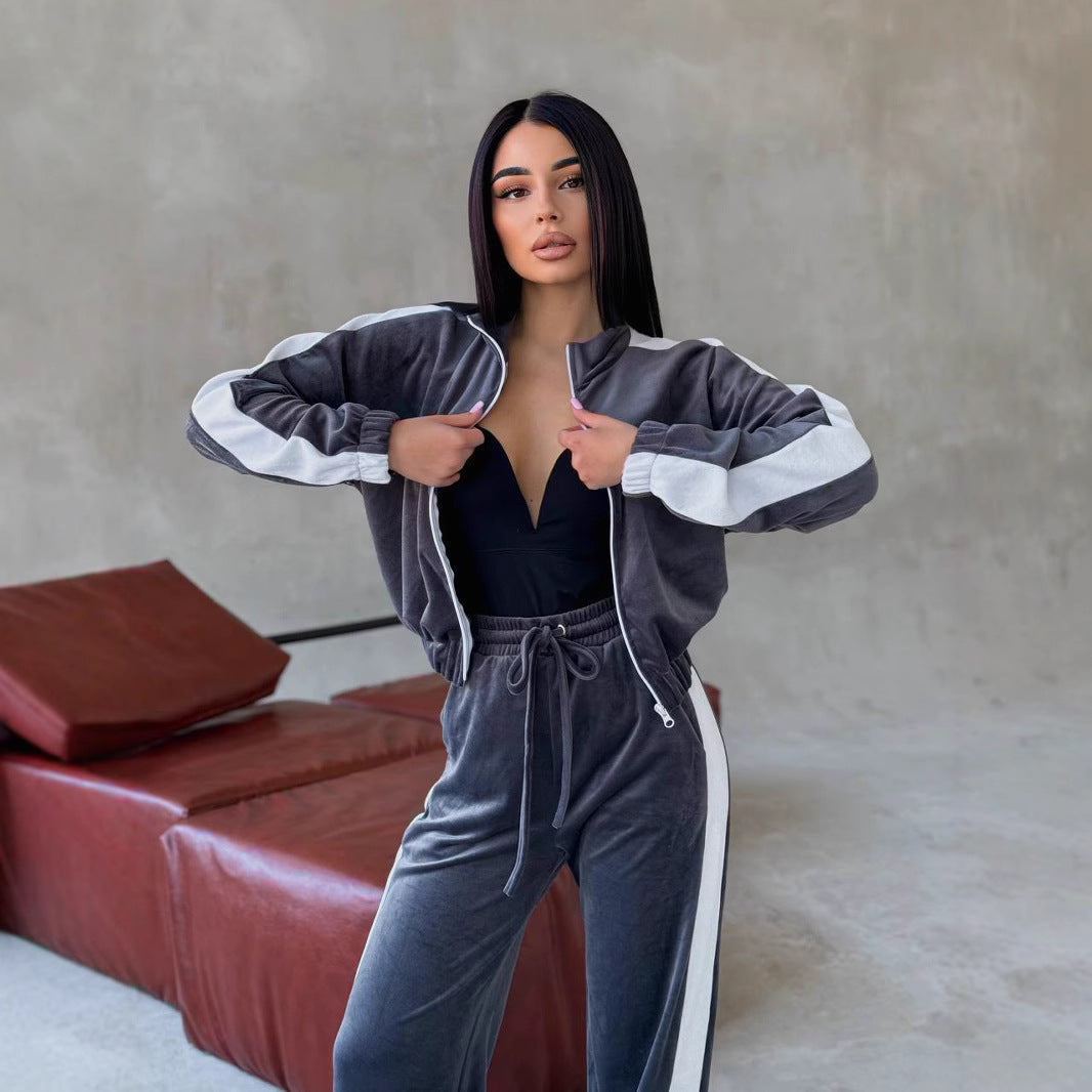 Damen Samt Trainingsanzug Mit Reißverschluss Und Seitenstreifen – Luxus Lounge Set