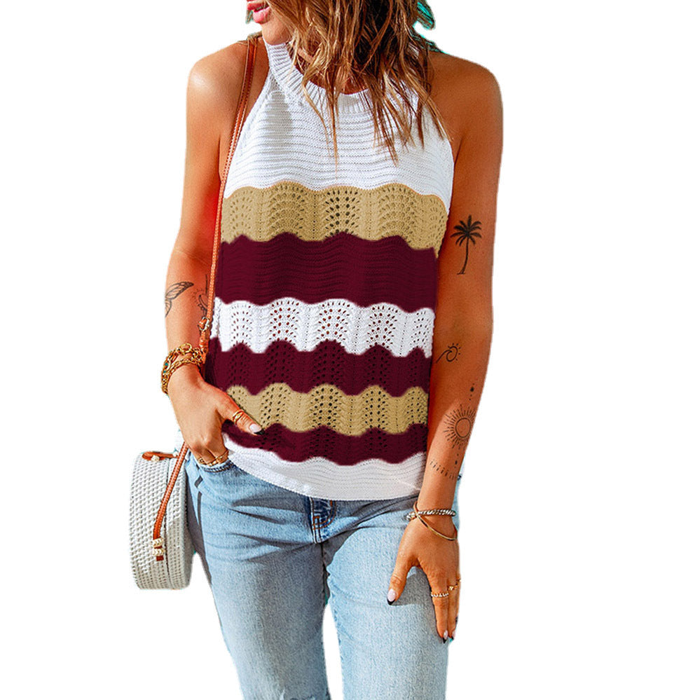 Damen Ärmelloses Stricktop – Buntes Wellenmuster Sommer Tanktop