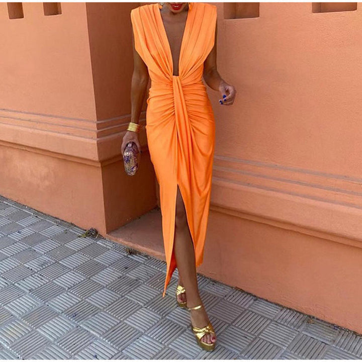 Damen Satin V Ausschnitt Ärmelloses Wickelkleid