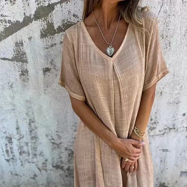 Damen Leinen Maxikleid Mit V-Ausschnitt