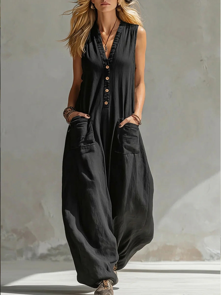 Damen Ärmelloser V-Ausschnitt Jumpsuit – Weites Bein Mit Taschen