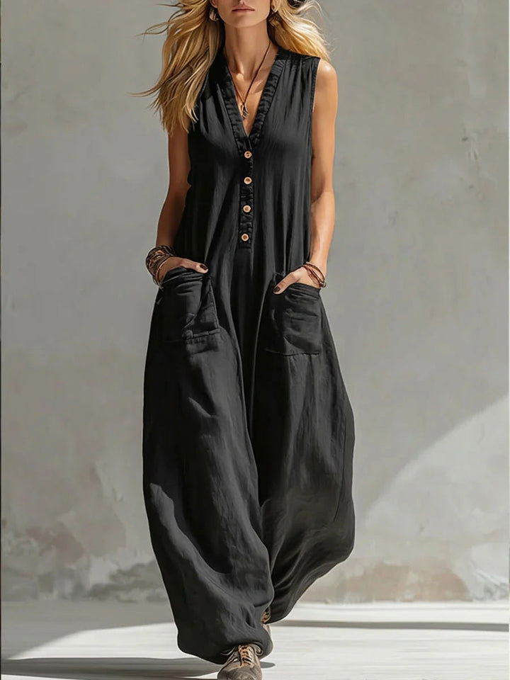 Damen Ärmelloser V-Ausschnitt Jumpsuit – Weites Bein Mit Taschen