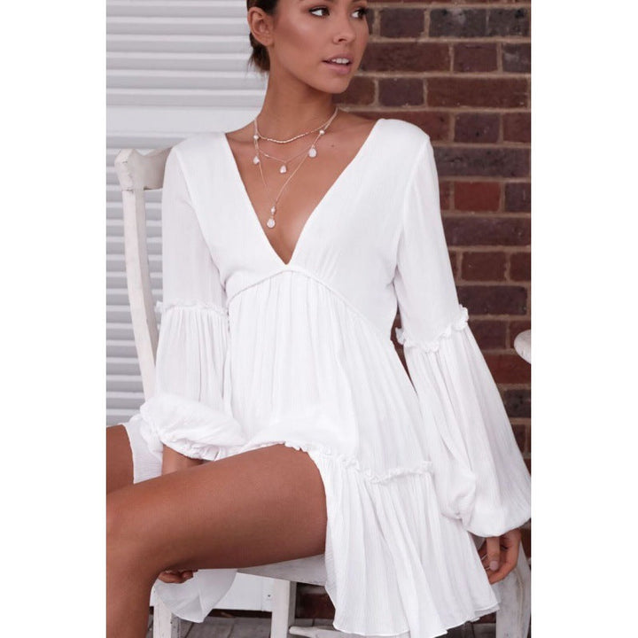 Damen Weiß Boho Strand Mini Kleid – Lockerer Ärmel Sommer Lässiges Kleid