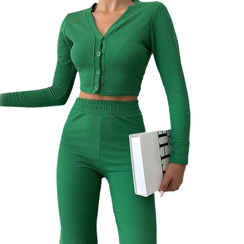 Damen Enganliegendes Crop Top Und High Waist Hosen Set – Zweiteiler Mit Knöpfen