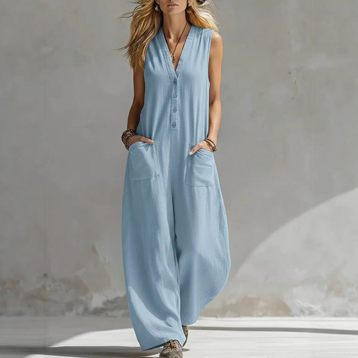 Damen Ärmelloser V-Ausschnitt Jumpsuit – Weites Bein Mit Taschen