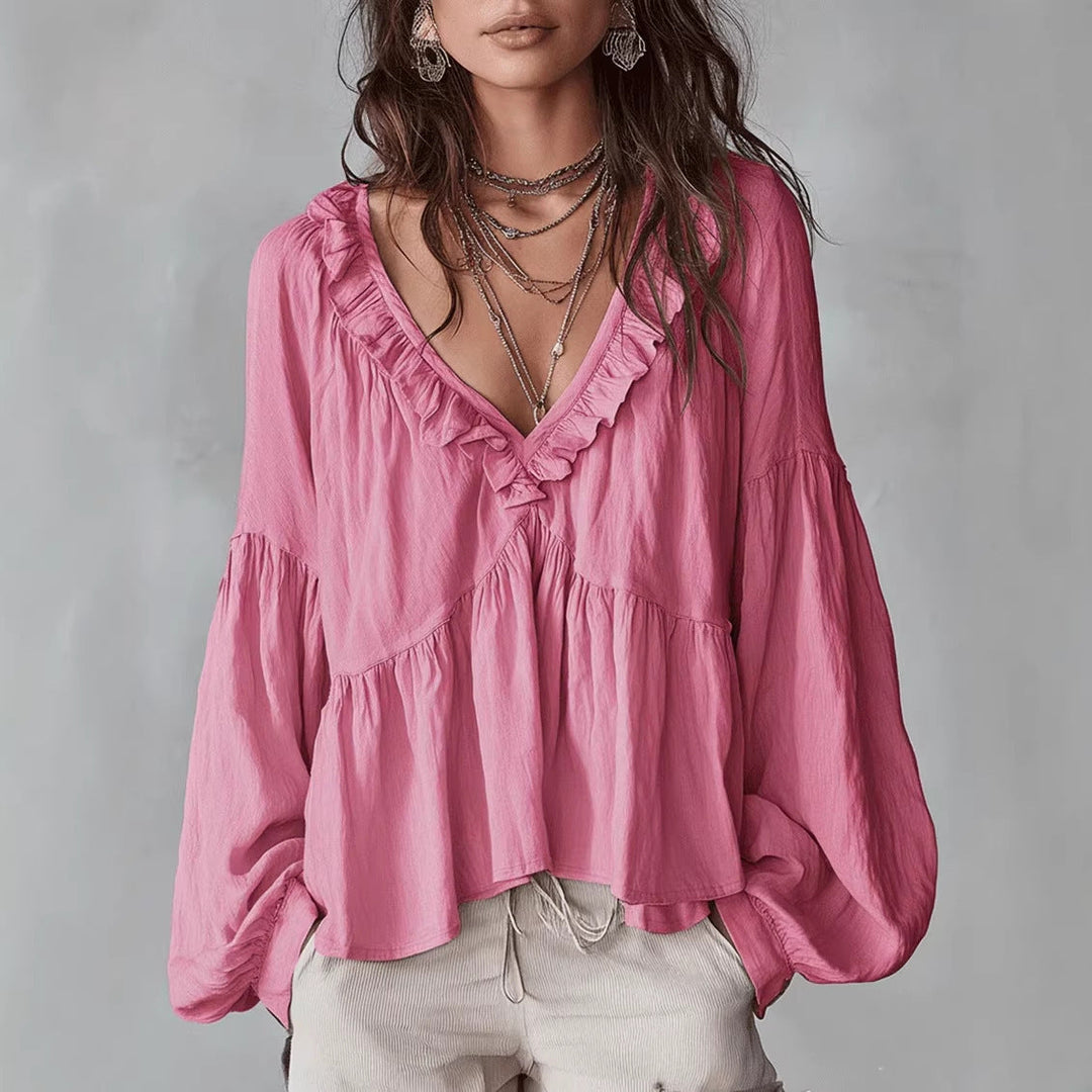 Damen Fließendes Oberteil Mit Raffungen Und V-Ausschnitt – Locker Elegante Bluse