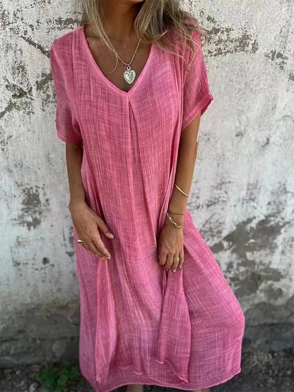 Damen Leinen Maxikleid Mit V-Ausschnitt