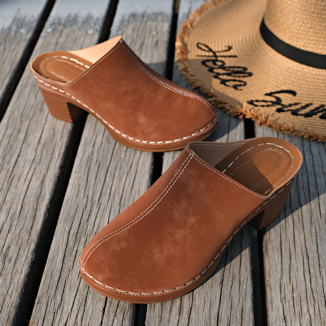 Damen Schwarze Wildleder-Optik Blockabsatz Mules Mit Weißer Naht